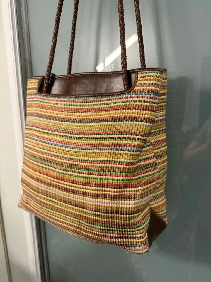 Bolso de Hombro Reliquia Multicolor Tela Tejida a Rayas Marrón Imitación Cuero Borde Foto 3 de 4