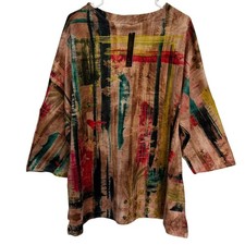 Ali Miles Abstract Print Corduroy Tunic Sweater Top Women Size L Artsy Retro