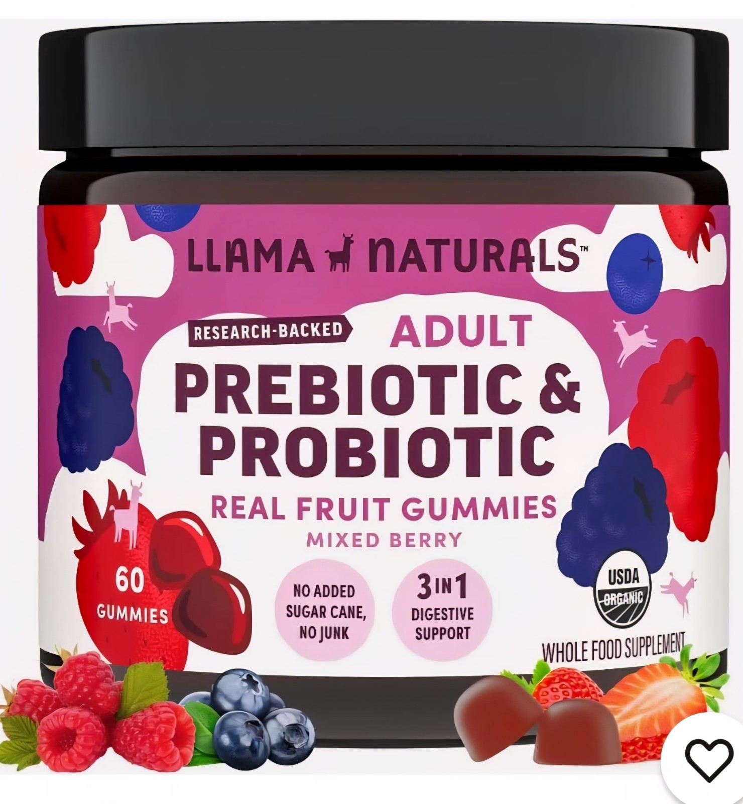 Llama Naturals Kids Probiotic + Prebiotic Fiber,  Mixed Berry  Gummies – 60 Ct