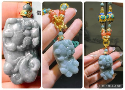 Jade Carved Buddha Charm Pendant Beaded Necklace Gray Stone Gold-Tone Accents