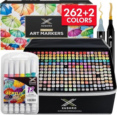 New 264PC Dual Tip Alcohol Marker Set Fine & Chisel w/ Acrylic Pens