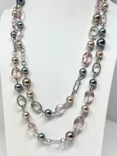PREMIER DESIGNS Newport Silvertone Gray Faux Pearl Pink Crystal 48" Necklace