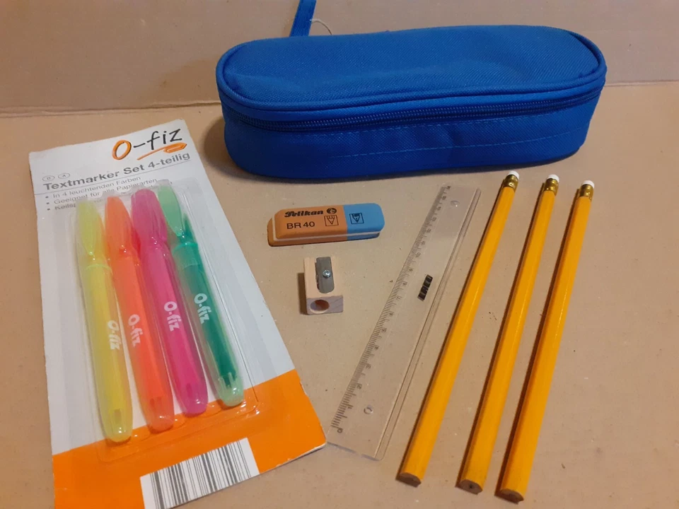 Schlamper-, Federmappe + 4 Neonmarker, 3 Bleistifte, Lineal, Radierer, Anspitzer