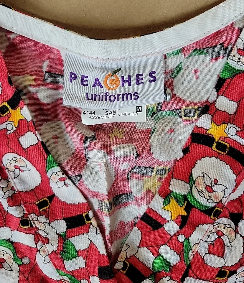Medium Scrub Top Christmas Holiday Red Santa Stars Peaches Uniforms - Image 4 of 4