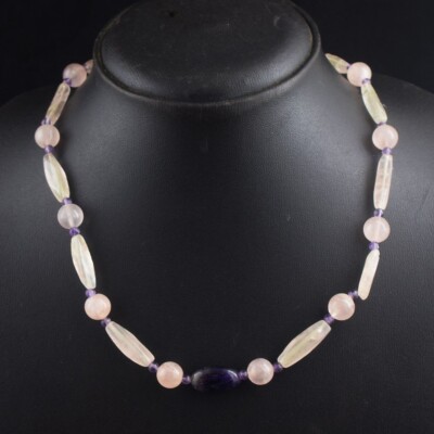 Rosenquarz & Amethyst 120,00 kt Perlen Handarbeit Design Halskette VK 37 E551