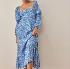 Reformation Mica Floral Print Midi Dress Long Sleeve Square Neck Blue 12 Women’s