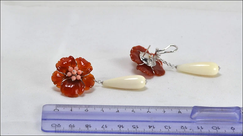 ORECCHINI IN ARGENTO 925 CON FIORI CORNIOLA CORALLO ROSA E PENDOLI AGHT 0371 - Immagine 3 di 3