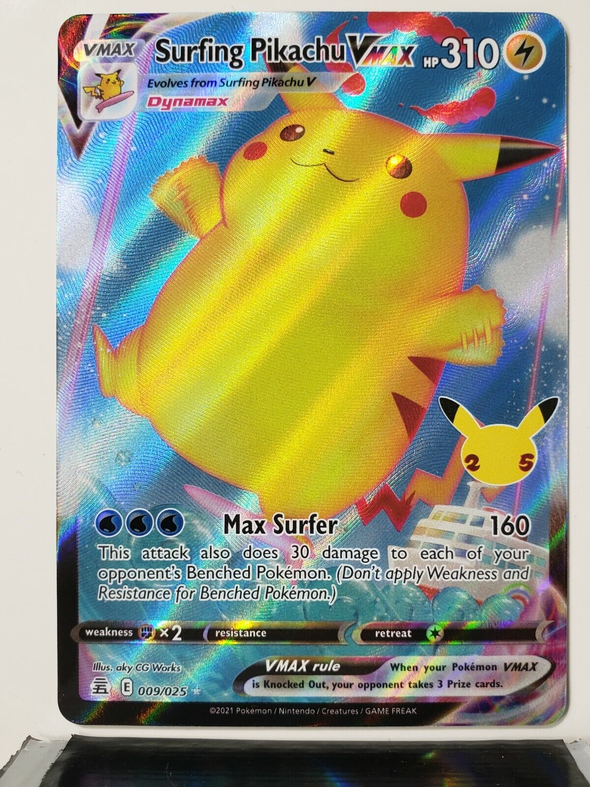 Pokemon Celebrations Surfing Pikachu VMAX, 25th Anniversary,Full Art Rare  Holo VMAX + Surprise Card!