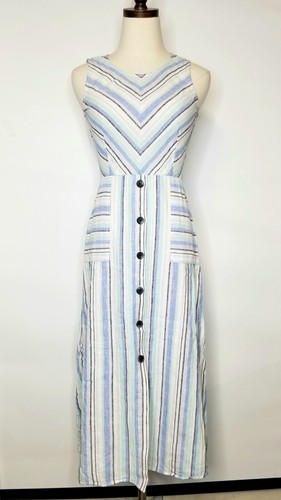 Vince Camuto Women's Blue White Stripe Casual Midi Linen Cotton Summer Dress XXS