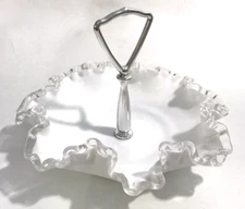 Fenton Silver Crest White Candy Bowl Dish Double Crimped Center Handle 8 Inch