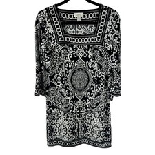 Loft Shift Dress Size Small Black/White Print 3/4 Sleeves Square Neck Stretchy