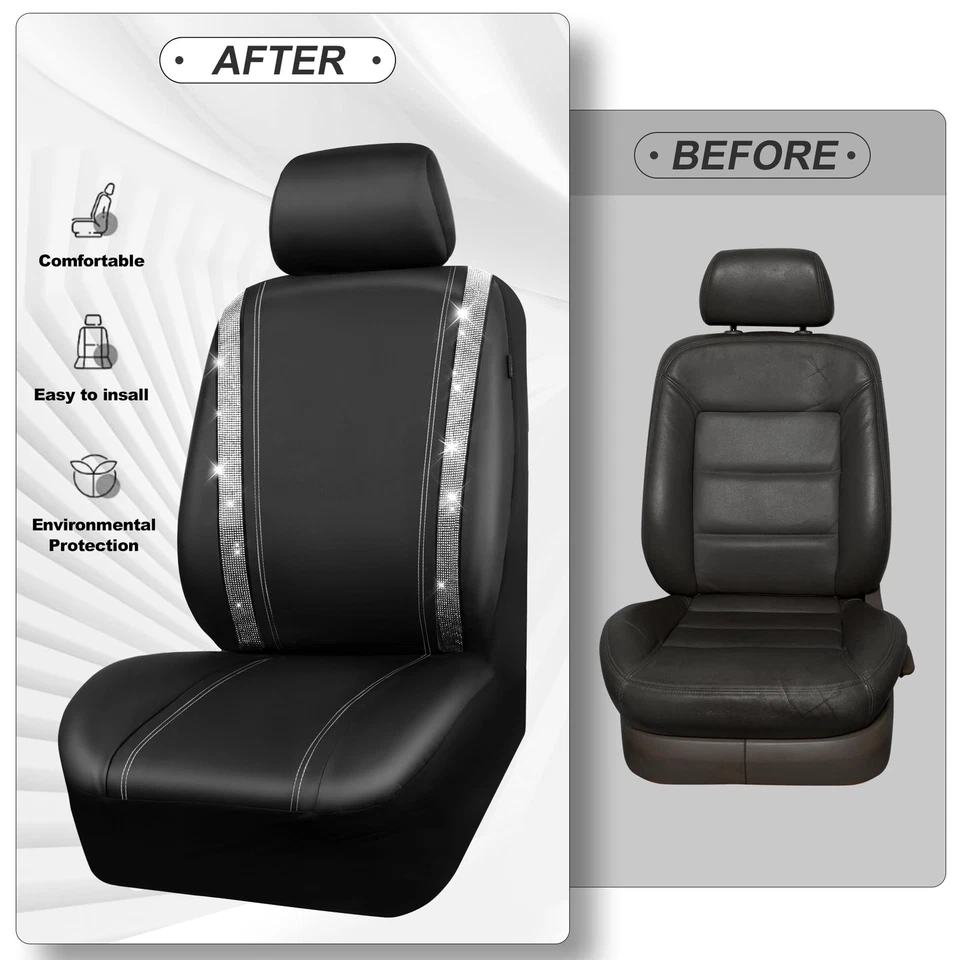 Fundas de asiento de coche de cuero Diamond Bling, 2 juegos delanteros, estrás negro plateado Foto 3 de 4