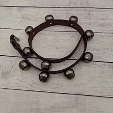 10-Bell Sleigh Bells, Antiqued Nickel Bells, Dark Brown Leather Strap Horse
