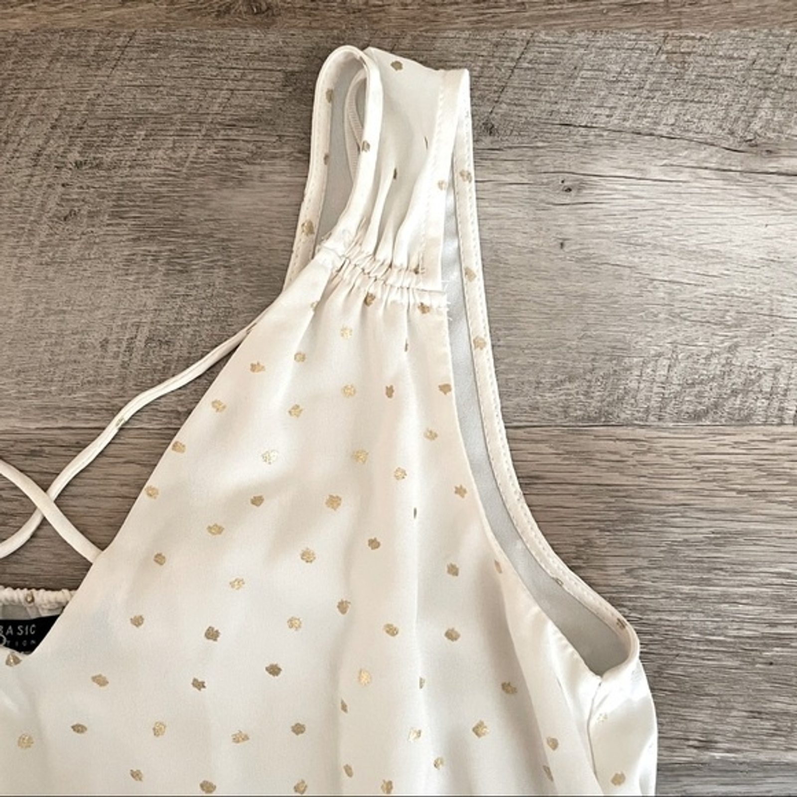 Zara Lurex Gold Polka Dot Ivory V-Neck Sleeveless Ruched Blouse Size XS thumbnail 5