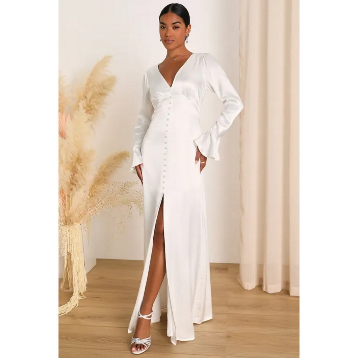 Long Sleeve Dress White Satin Maxi Slip Dress LOUELLA SILK