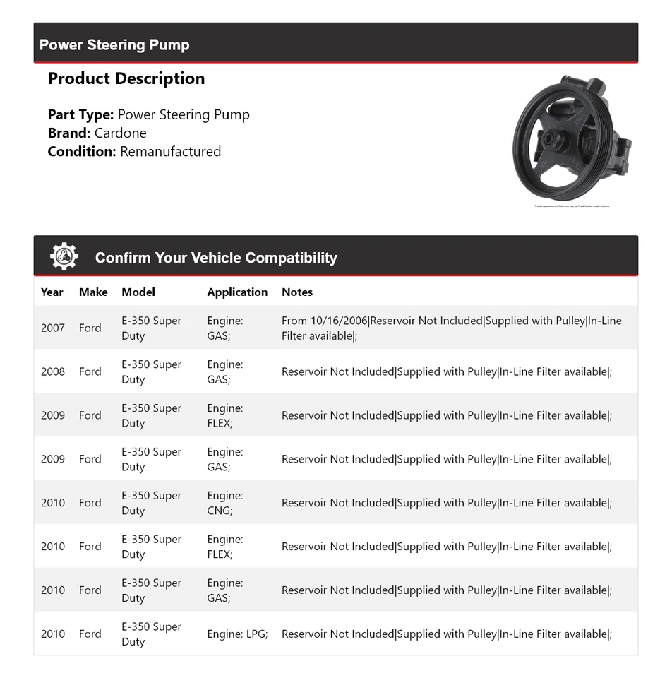 For 2007-2010 Ford E-350 Super Duty Power Steering Pump Cardone 2008 2009 - Image 2 of 4