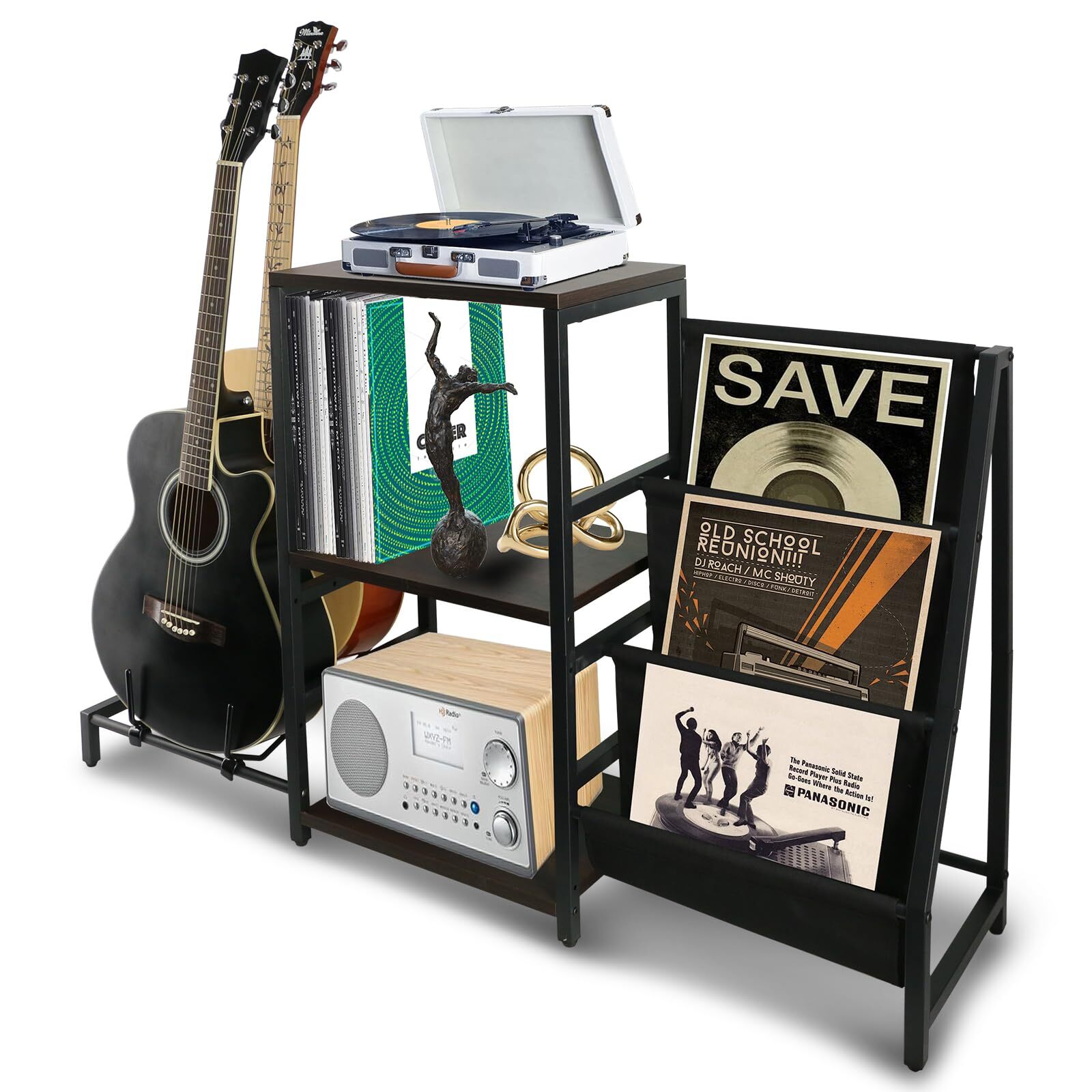 3-Tier Guitar and Vinyl Record Player Stand for Acoustic Bass Storage-image