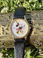 Seiko Disney Minnie Mouse Quartz Gold Tone Watch Black Leather Band