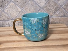 Thyme & Table Mug Teal Succulent Design Gold Detail 16oz Ceramic Stoneware
