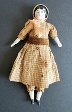 Antique China Head Dollhouse Doll In Gold Gingham Dress  Hat. 6 1/2" miniature