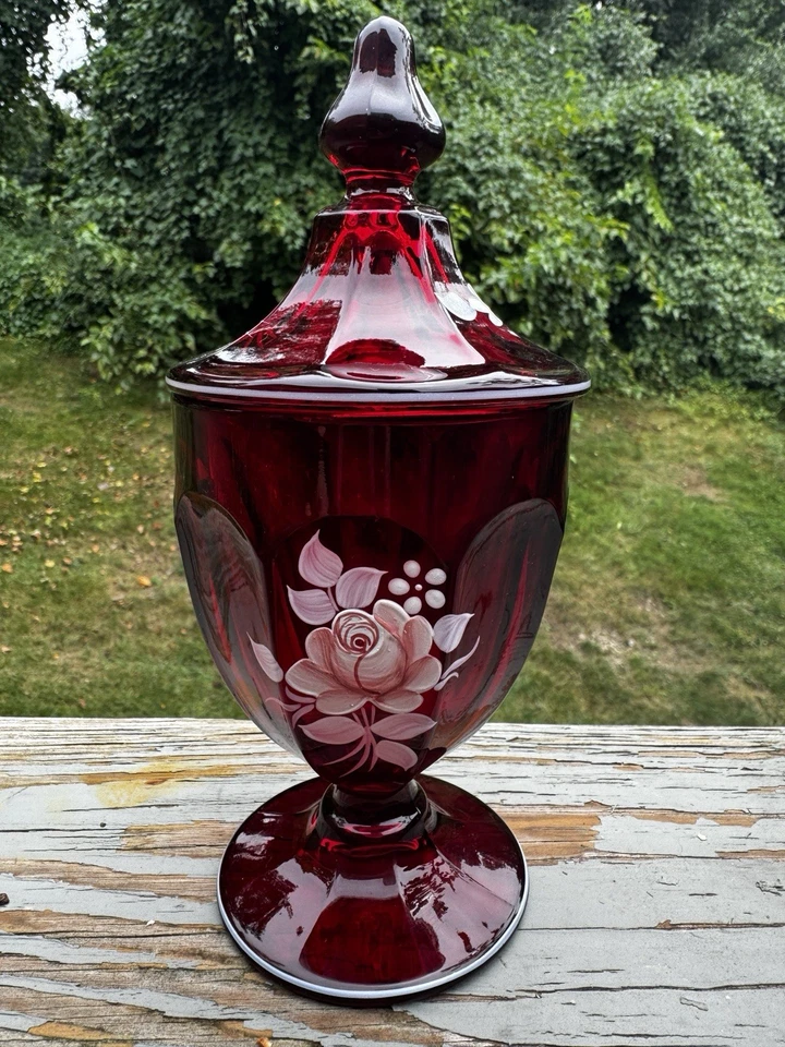 Vintage Westmoreland Ruby Red Glass Covered Jar w/Lid Hand Painted Floral Signed - Image 2 of 4