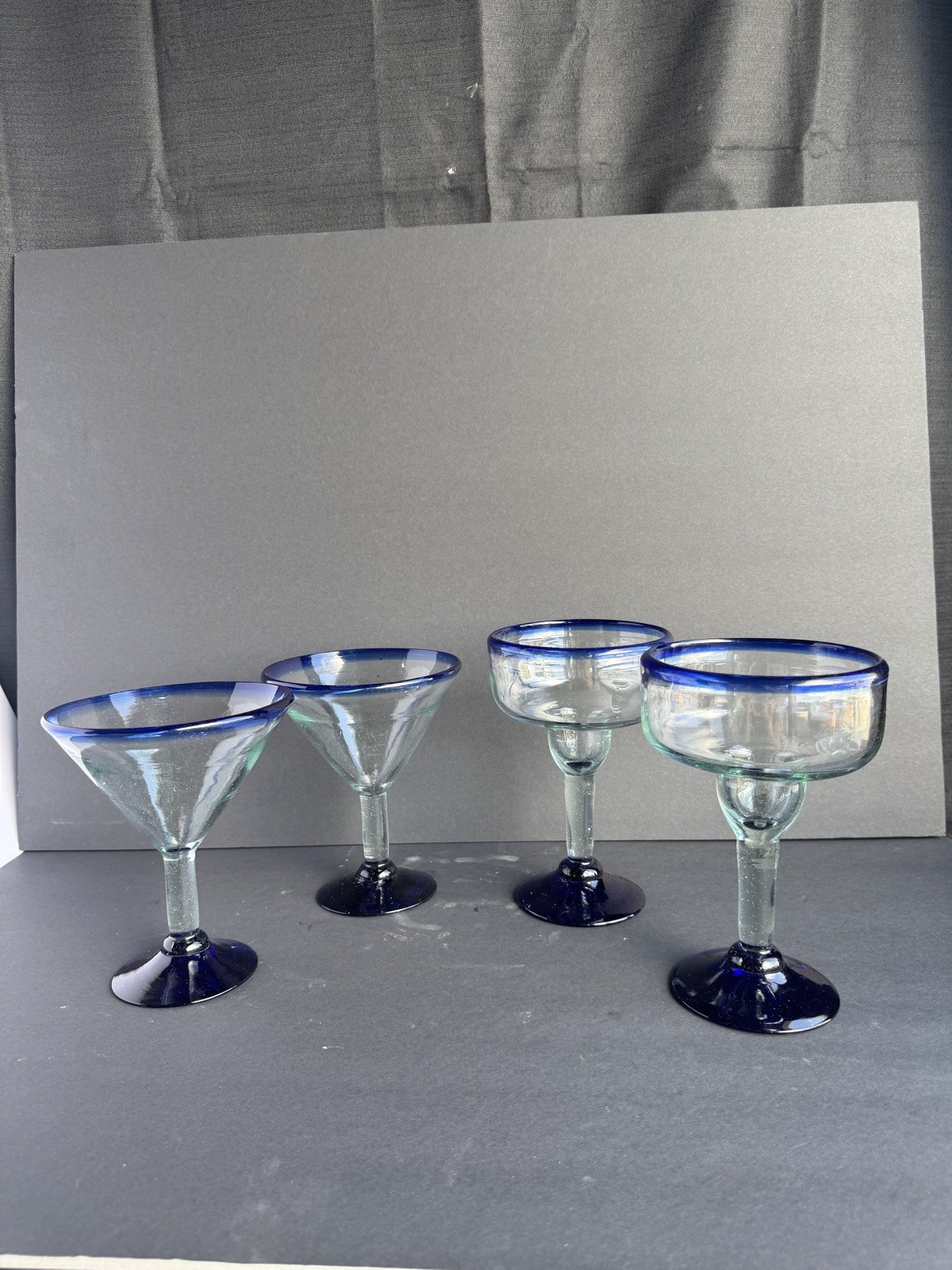 MEXICAN MARGARITA SET Hand-Blown Glass Cobalt Blue Rims. Pitcher/4 Glasses VGC