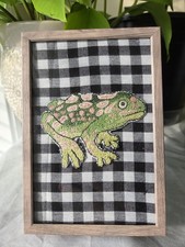 Framed Hand Embroidery Frog Art