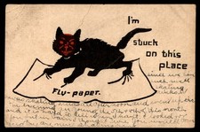 Postcard Black Cat Stuck on Flypaper, Comic POSTED