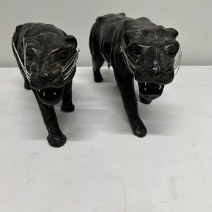 Vintage 2x-Black Leather Wrapped Panther Statue 14” Long MCM