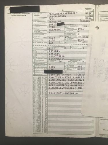 Opel Rekord E 2.0N 1979 Dokumente 1956 ccm Motor 90 PS Abmeldung 06/85 TSN 534