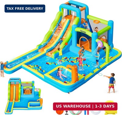 FINCOME Water Bounce House with Double Slide for Kids 3-10, Large Inflatable Wat