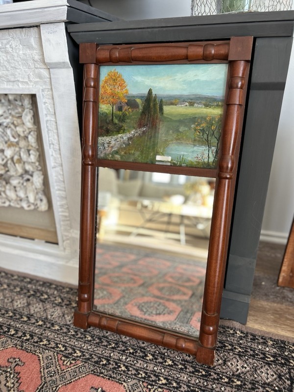 SUPERB 28" ANTIQUE TRUMEAU MIRROR REVERSE PAINTING ORNATE ART NOUVEAU WOOD RIVER