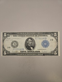 1914 $5 Federal Reserve Large Note New York New York Blue Seal 2 B