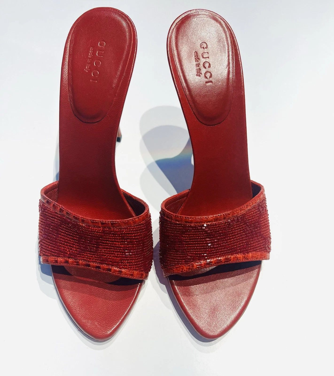 Chaussures à talons mules vintage Gucci Tom Ford lézard rouge GG perles cristal
