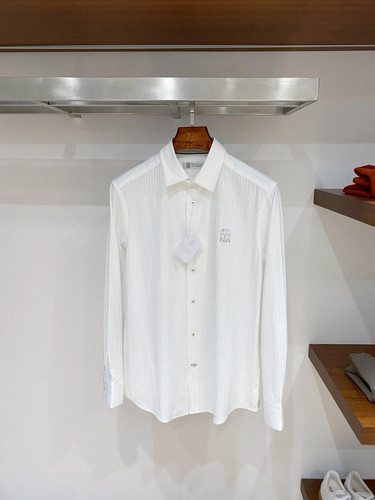 Brunello Cucinelli White Striped Dress Shirt Cotton Long Sleeve Button Up Shirt