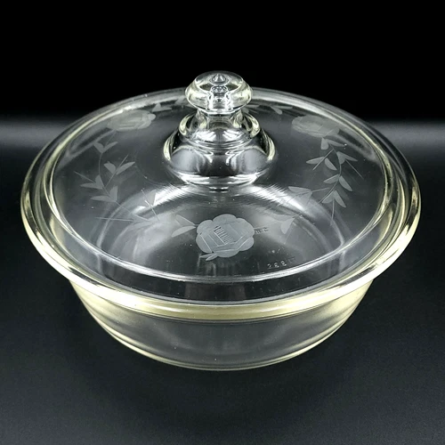Pyrex Round Baking Dish 168 with Etched Glass Lid 268 Clear Floral Flowers