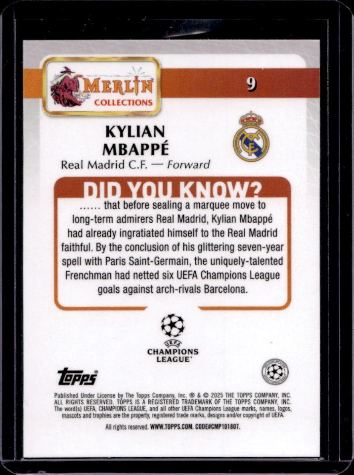 2024-25 Topps Merlin Chrome UEFA Kylian Mbappe Green Speckle Refractor #/99 view 2