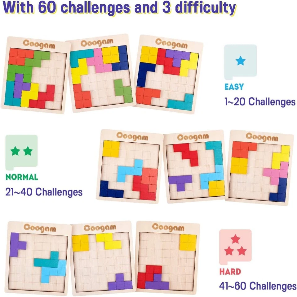 Coogam Madera Puzzle Patrón Bloques Rompecabezas Juego con 60 Desafíos,... Foto 4 de 4