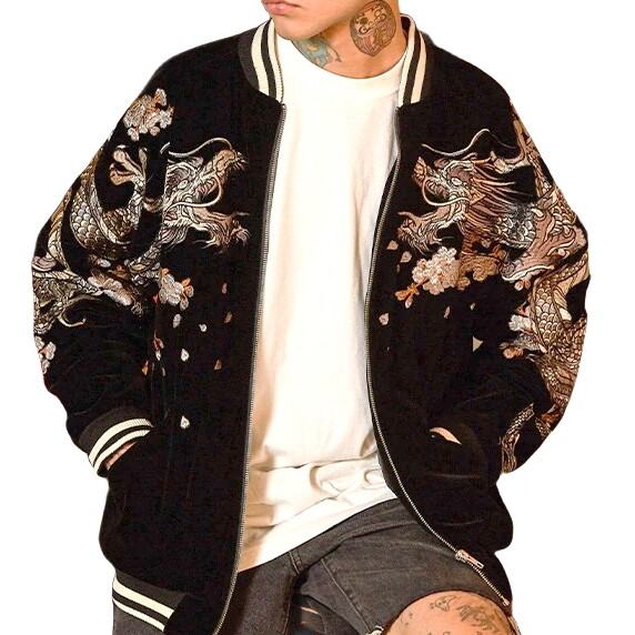 Mens Velvet Souvenir Bomber Jacket Japanese Pattern Embroidery