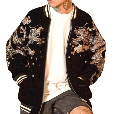 Mens Velvet Souvenir Bomber Jacket Japanese Pattern Embroidery