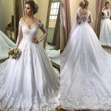 Elegant Wedding Dresses Long Sleeve with Train Lace Applique A Line Bridal Gowns