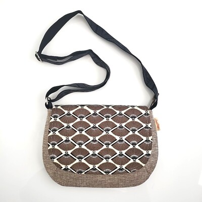New Handmade Gray Black Japanese Hand Fan Canvas Saddle Crossbody Bag 10'' x 8''