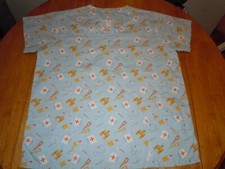 WOMENS MEDIUM SCRUB TOP CRUTCHES BANDAIDS STETHOSCOPES LIGHT BLUE ALMOST VINTAGE