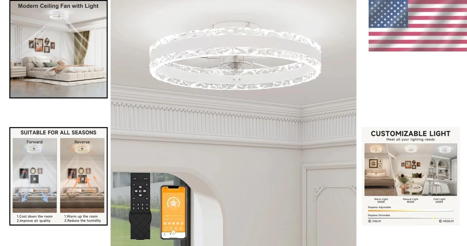 19.7in Dimmable Flush Mount Ceiling Fan & Light with Remote for Modern Homes - Image 2 of 4