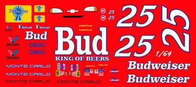 #25 Kenny Schrader Budweiser Chevrolet 1/64th HO Scale Slot Car Waterslide Decal