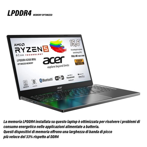Notebook Acer Aspire AMD Ryzen 5 7530U SSD 512GB RAM 8GB FHD Retro Fing Win11Pro - Foto 2 di 7