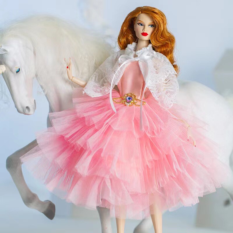 Pink Lace Wedding Dress 1/6 Doll Clothes Outfits Evening Party Gown Scarf 