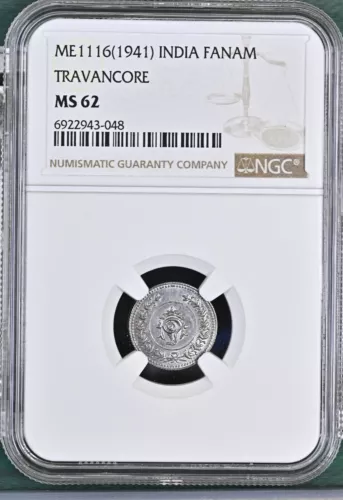 INDIA Fanam (1941) 1116 TRAVANCORE, Silver, NGC MS 62 Orig UNC, Scarce. 048. X4