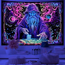 Blacklight Wizard Tapestry Trippy Magic Eyes Universe UV Reactive Wall Hanging