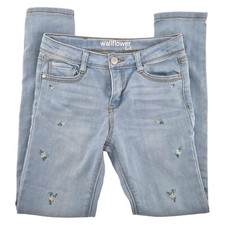 Wallflower Girl's Light Wash Denim Floral Embroidered Stretch Slim Jeans Size 12